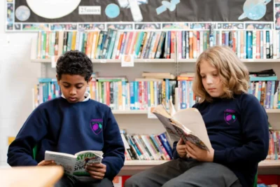 Children reading in a library